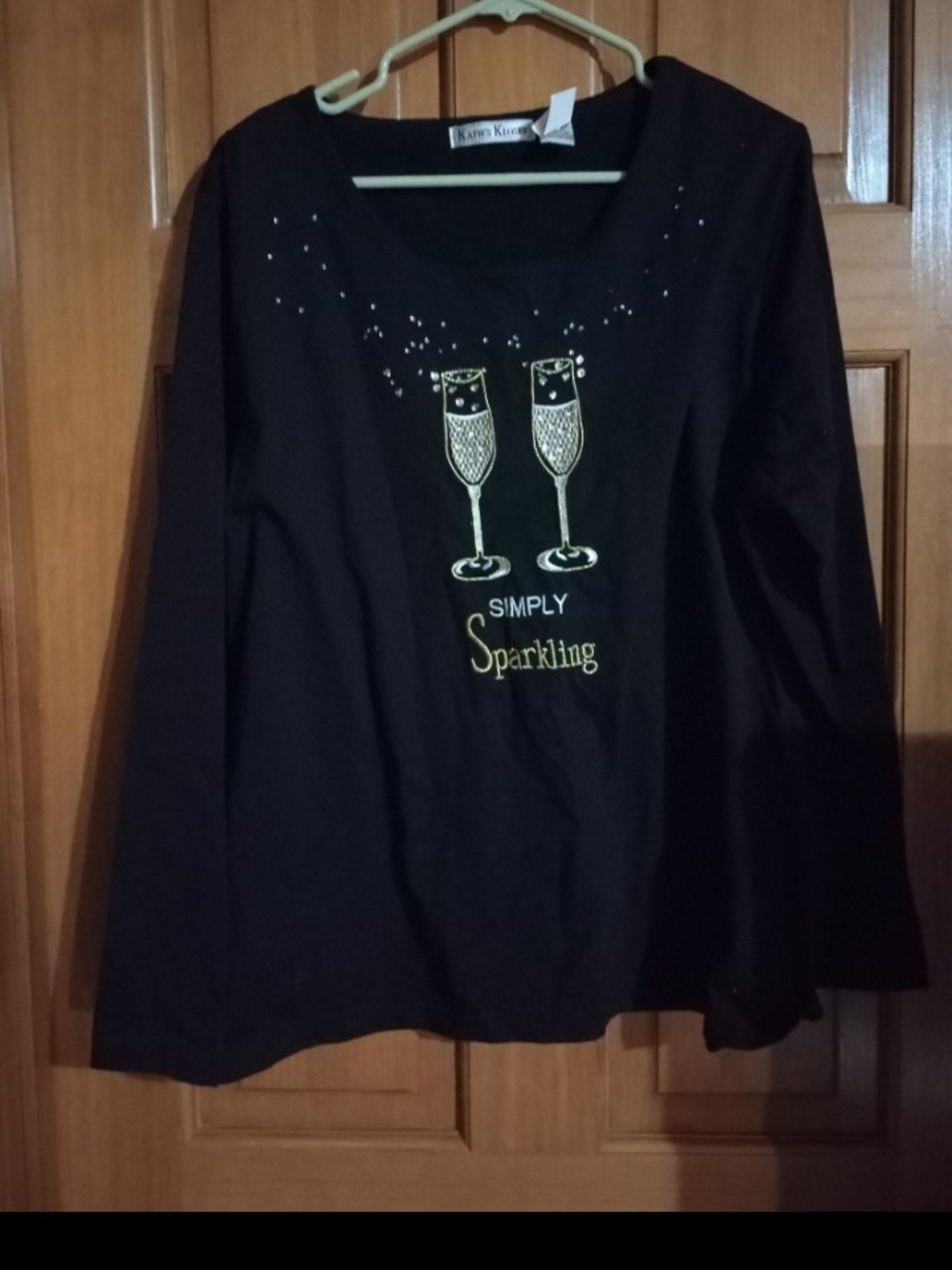 Karen Kane Black Long-Sleeve Tee with Gold Champagne Graphic